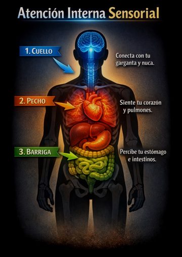 Il·lustració de l'app: una silueta amb tres punts on portar l'atenció. 1, coll: connecta amb la gola i el clatell. 2, pit: sent el cor i els pulmons. 3, panxa: percep l'estómac i els budells.
